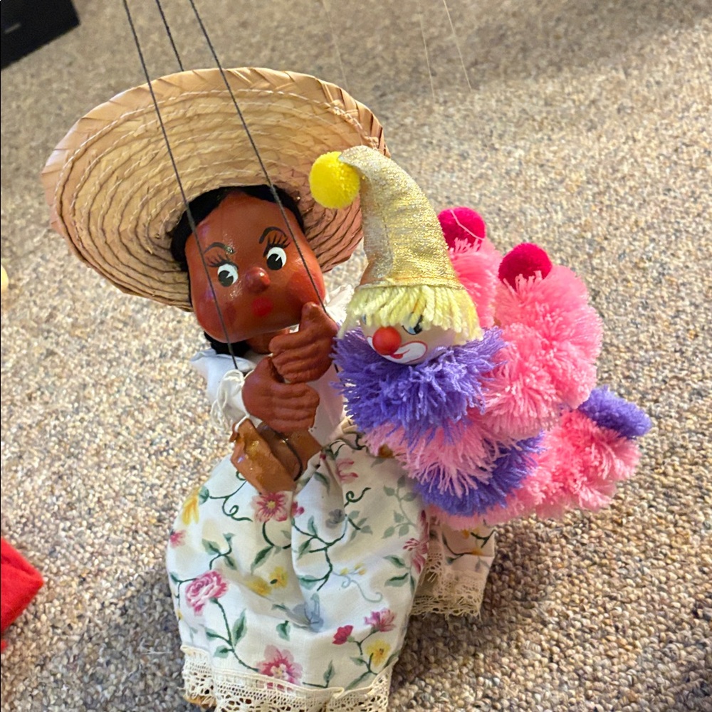 Mexican Folk Art String Puppet  Marionette Girl & Clown